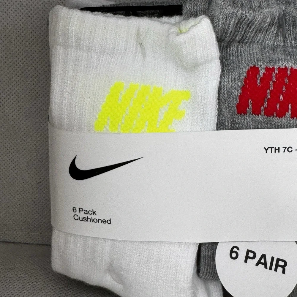 Nike Kids Crew Socks 6 Pack White Grey Cushioned Size 7C-10C BN0509-001 NEW